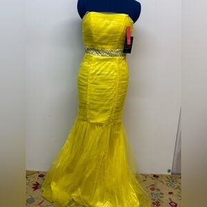 Nox Narianna Yellow Ruched Strapless Gown for Prom or Formal Event